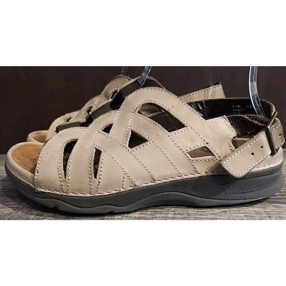 Barefoot Freedom Sandals Womens 6.5 Wide Sandy Elastic Ankle Buckle Tan Leather - Picture 1 of 8